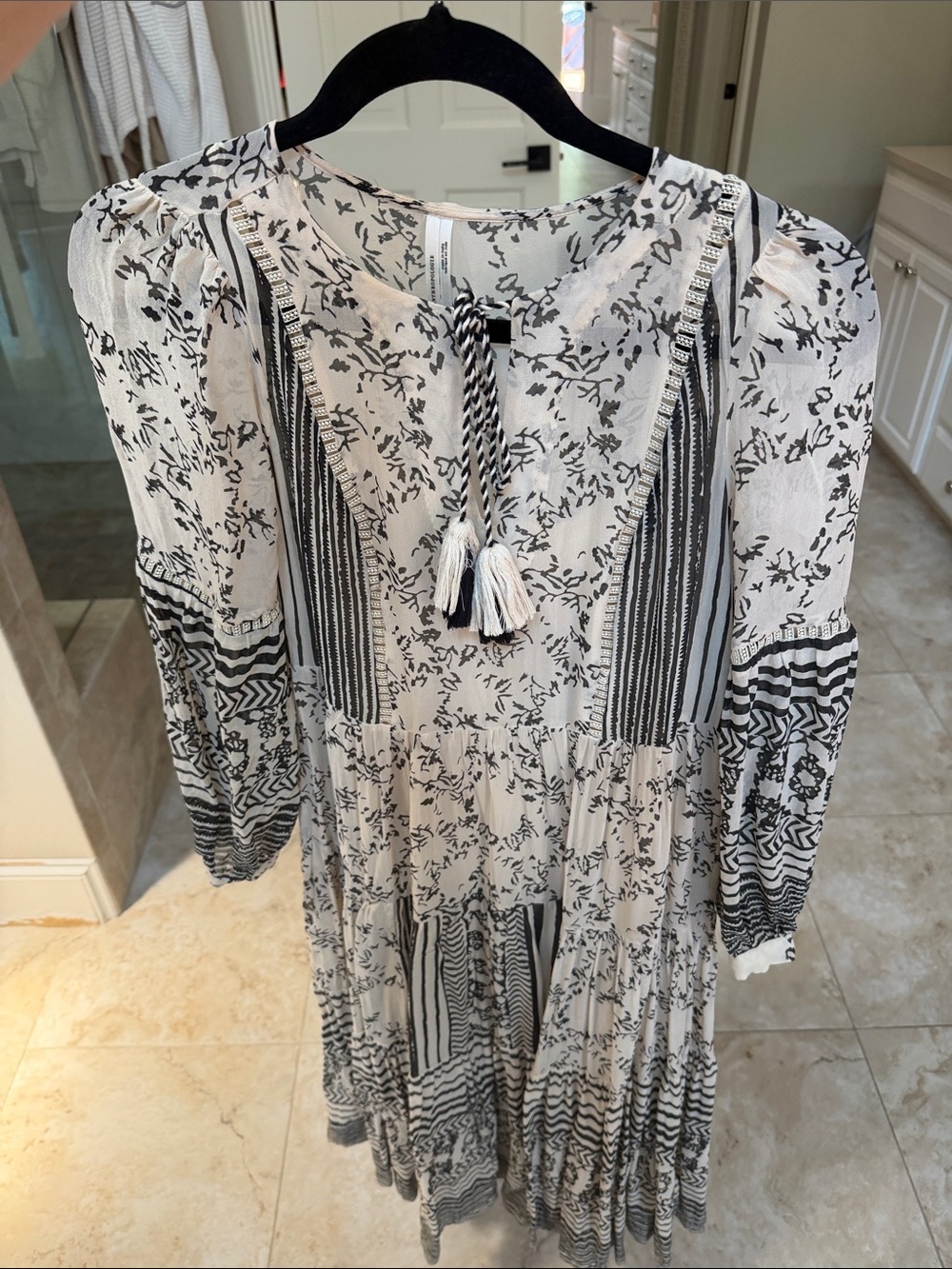 Anthropologie Cream & Black Floral Maxi Dress with Tassels XS - Picture 6 of 9